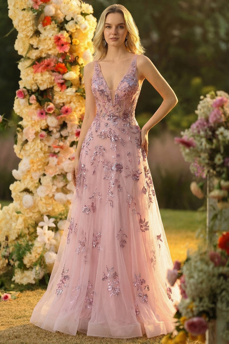 Laden Sie das Bild in den Galerie-Viewer, Blush A-Linie V-Ausschnitt Rückenloses Langes Ballkleid mit Pailletten