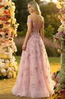 Laden Sie das Bild in den Galerie-Viewer, Schulterfreies Blush A-Linie Korsett Pailletten Langes Ballkleid