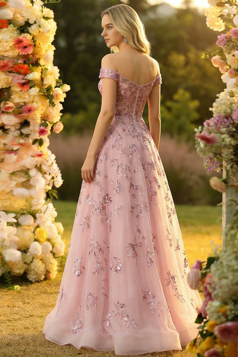 Laden Sie das Bild in den Galerie-Viewer, Schulterfreies Blush A-Linie Korsett Pailletten Langes Ballkleid