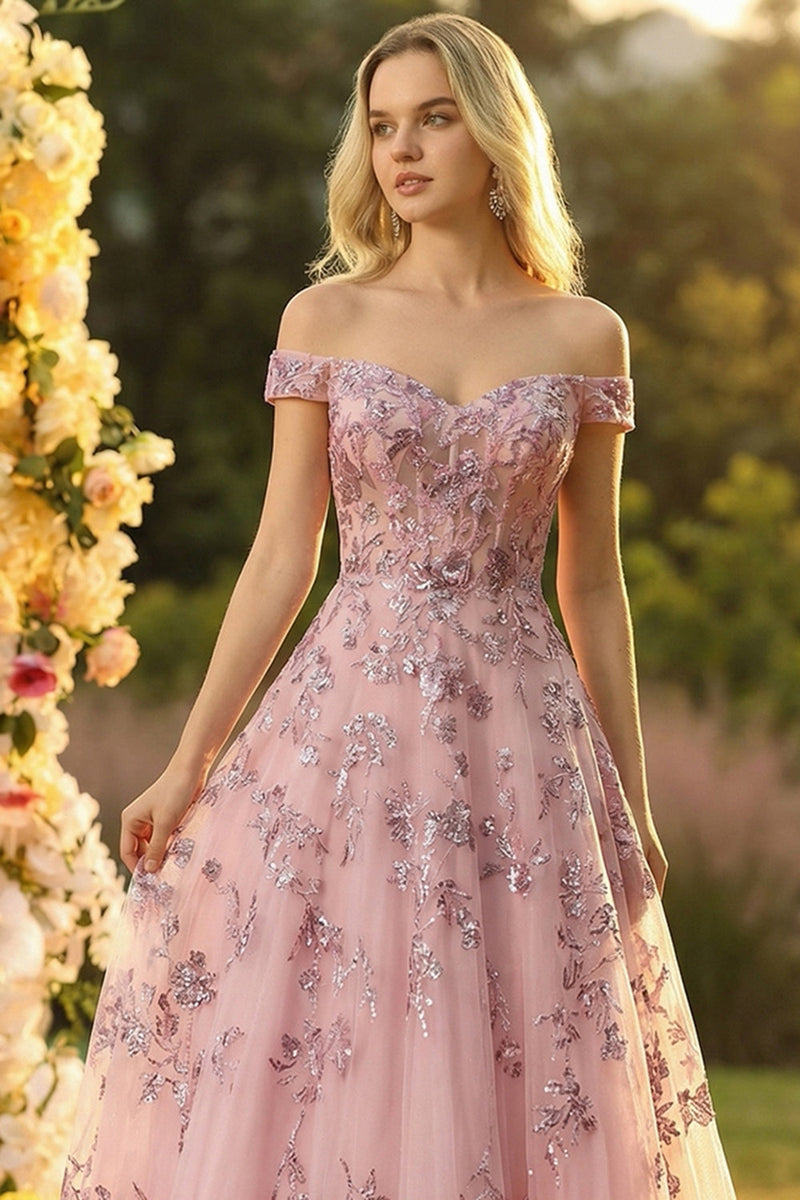 Laden Sie das Bild in den Galerie-Viewer, Schulterfreies Blush A-Linie Korsett Pailletten Langes Ballkleid