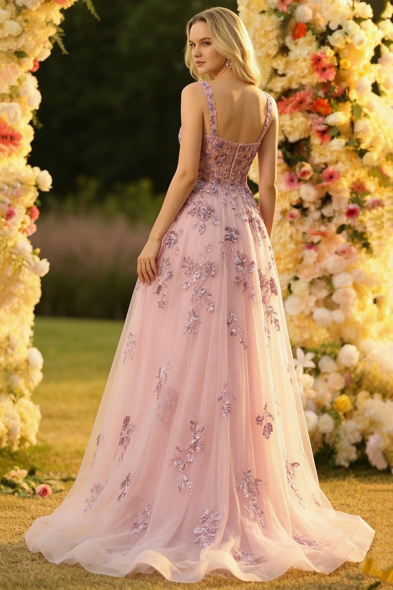 Laden Sie das Bild in den Galerie-Viewer, Blush A-Linie Gesticktes Quadratischer Ausschnitt Langes Tüll Ballkleid