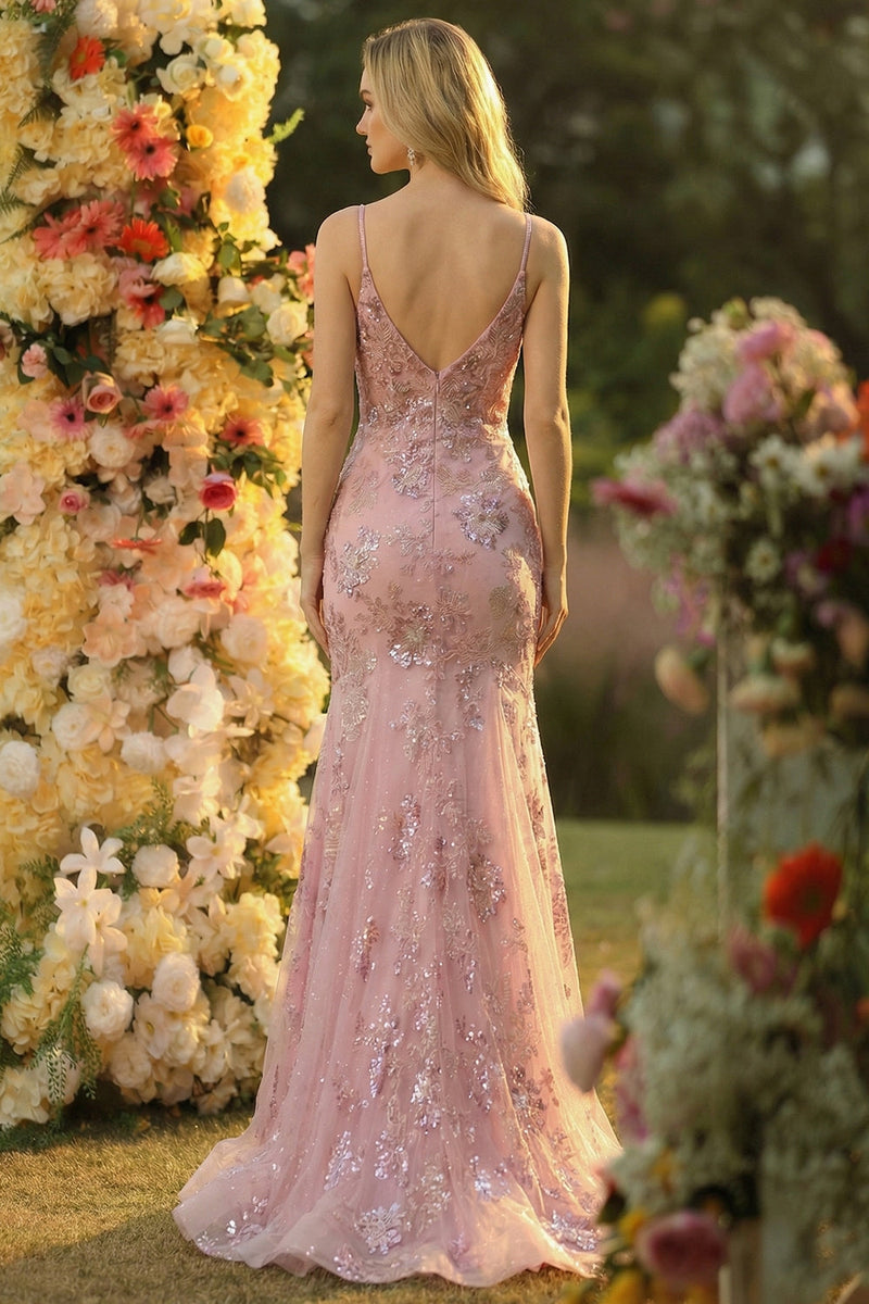 Laden Sie das Bild in den Galerie-Viewer, Glitzerndes Bllush Meerjungfrauen Spaghettiträger Langes Ballkleid mit Pailletten
