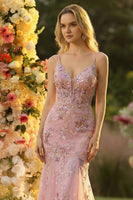 Laden Sie das Bild in den Galerie-Viewer, Glitzerndes Bllush Meerjungfrauen Spaghettiträger Langes Ballkleid mit Pailletten