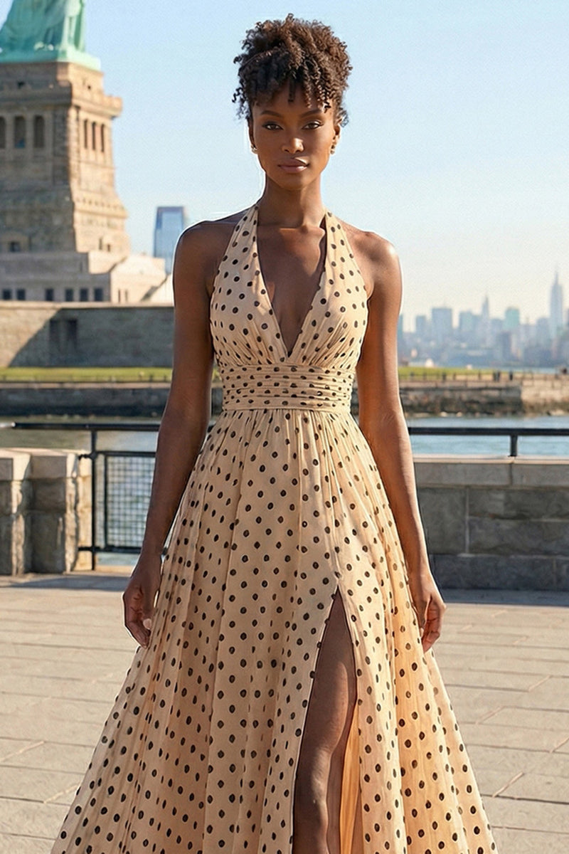 Laden Sie das Bild in den Galerie-Viewer, Aprikosenschwarzer Punkt A Linie Neckholder Langes Ballkleid mit Schlitz