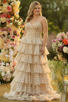 Laden Sie das Bild in den Galerie-Viewer, Herzausschnitt A-Linien Gestuftes Aprikose Schwarzes Gepunktetes Langes Plus Size Ballkleid mit Rüschen