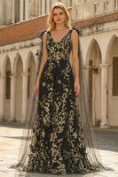 Laden Sie das Bild in den Galerie-Viewer, Schwarzes Goldenes Blumen A-Linie V-Ausschnitt Langes Ballkleid mit Girlande