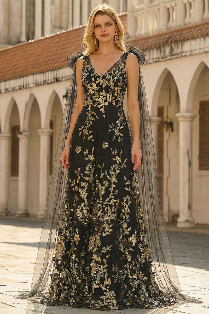 Laden Sie das Bild in den Galerie-Viewer, Schwarzes Goldenes Blumen A-Linie V-Ausschnitt Langes Ballkleid mit Girlande