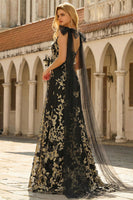 Laden Sie das Bild in den Galerie-Viewer, Schwarzes Goldenes Blumen A-Linie V-Ausschnitt Langes Ballkleid mit Girlande