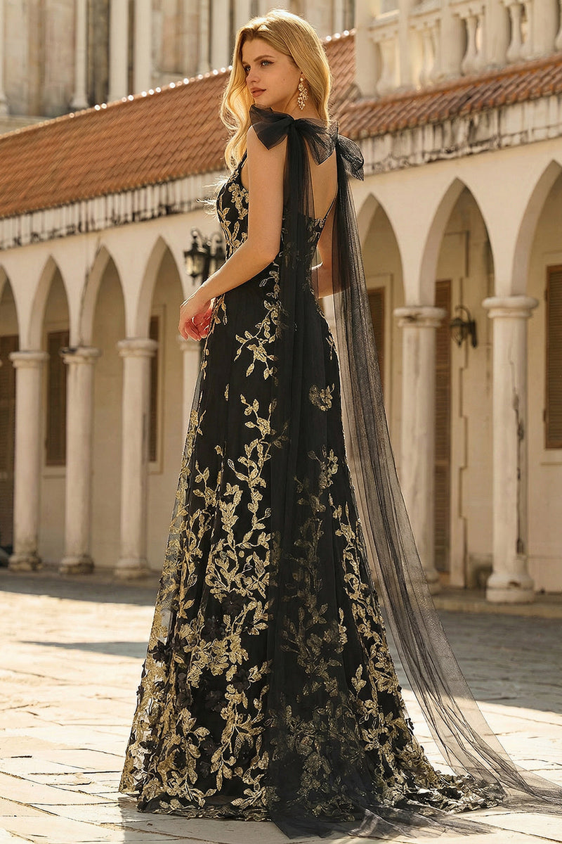 Laden Sie das Bild in den Galerie-Viewer, Schwarzes Goldenes Blumen A-Linie V-Ausschnitt Langes Ballkleid mit Girlande