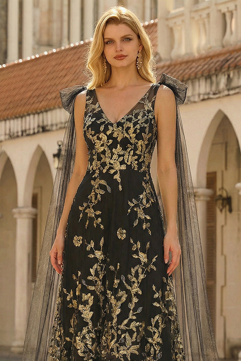 Laden Sie das Bild in den Galerie-Viewer, Schwarzes Goldenes Blumen A-Linie V-Ausschnitt Langes Ballkleid mit Girlande