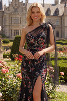 Laden Sie das Bild in den Galerie-Viewer, Schwarzes Meerjungfrau Einschulteriges Pailletten Langes Ballkleid mit Bowknoten