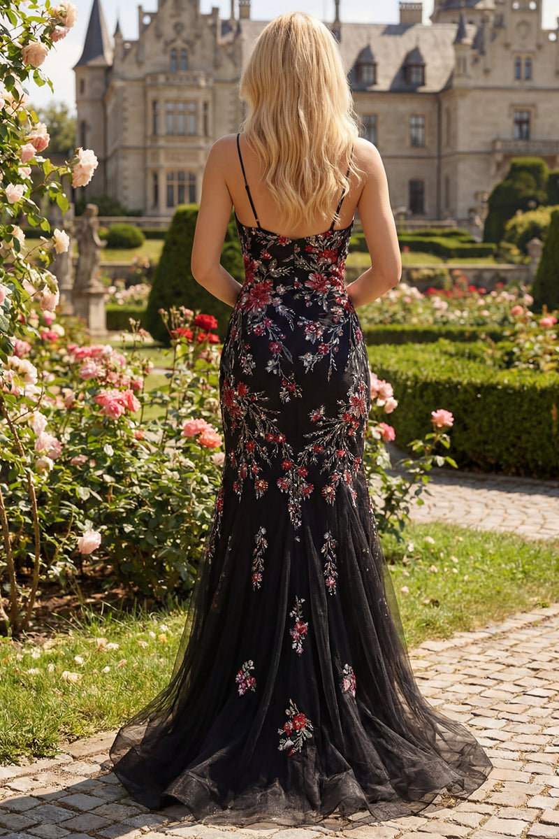 Laden Sie das Bild in den Galerie-Viewer, Schwarzes Rosa Blumige Spaghettiträger Pailletten Meerjungfrau Langes Ballkleid mit Schlitz