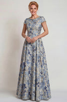 Laden Sie das Bild in den Galerie-Viewer, Graublaues Blumen Rundhals A-Linie Langes Mutter der Braut Kleid mit Ärmel