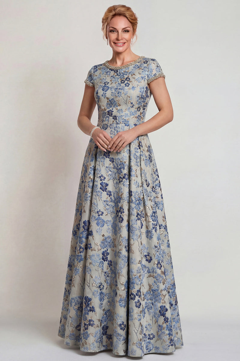 Laden Sie das Bild in den Galerie-Viewer, Graublaues Blumen Rundhals A-Linie Langes Mutter der Braut Kleid mit Ärmel