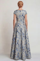 Laden Sie das Bild in den Galerie-Viewer, Graublaues Blumen Rundhals A-Linie Langes Mutter der Braut Kleid mit Ärmel
