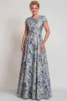 Laden Sie das Bild in den Galerie-Viewer, Graublaues Blumen Rundhals A-Linie Langes Mutter der Braut Kleid mit Ärmel