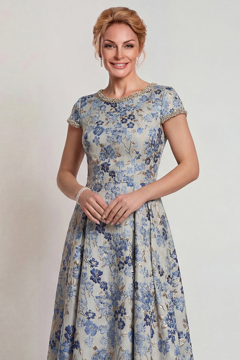Laden Sie das Bild in den Galerie-Viewer, Graublaues Blumen Rundhals A-Linie Langes Mutter der Braut Kleid mit Ärmel