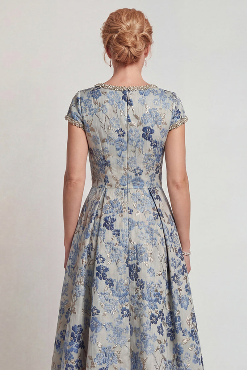 Laden Sie das Bild in den Galerie-Viewer, Graublaues Blumen Rundhals A-Linie Langes Mutter der Braut Kleid mit Ärmel