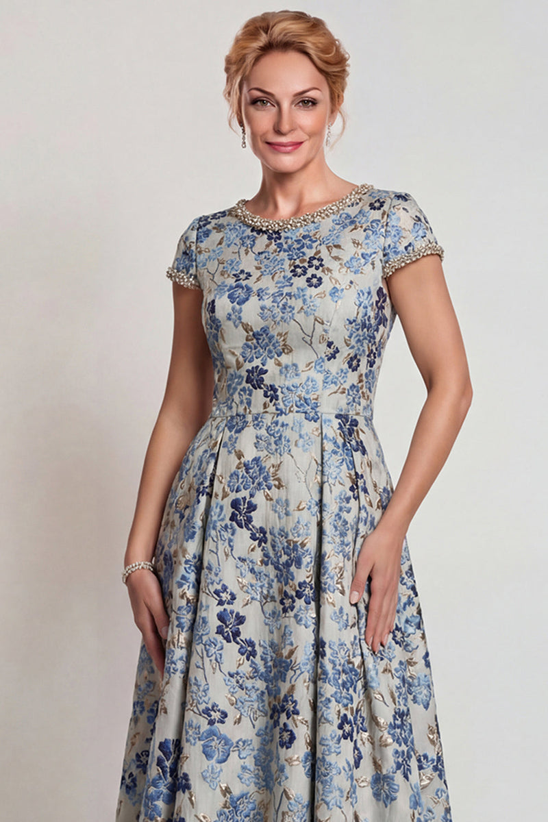 Laden Sie das Bild in den Galerie-Viewer, Graublaues Blumen Rundhals A-Linie Langes Mutter der Braut Kleid mit Ärmel