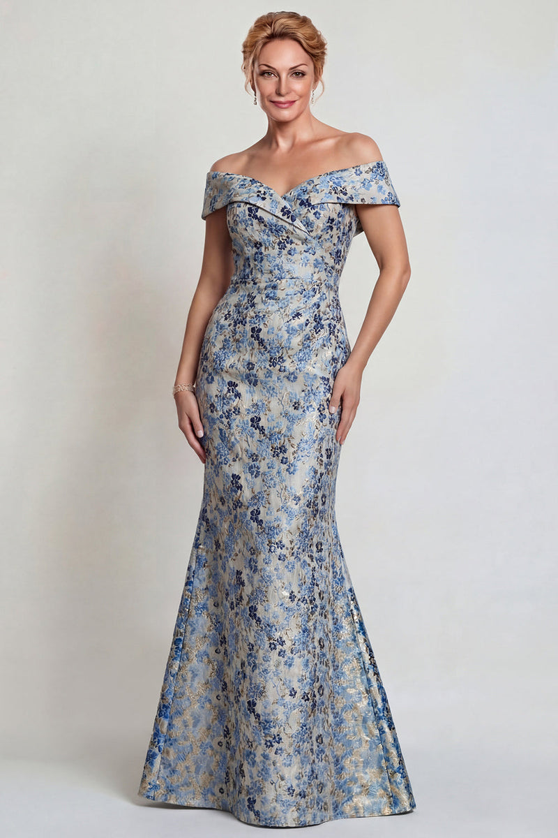 Laden Sie das Bild in den Galerie-Viewer, Graublaue Blüte Schulterfreies Meerjungfrau Langes Mutter der Braut Kleid
