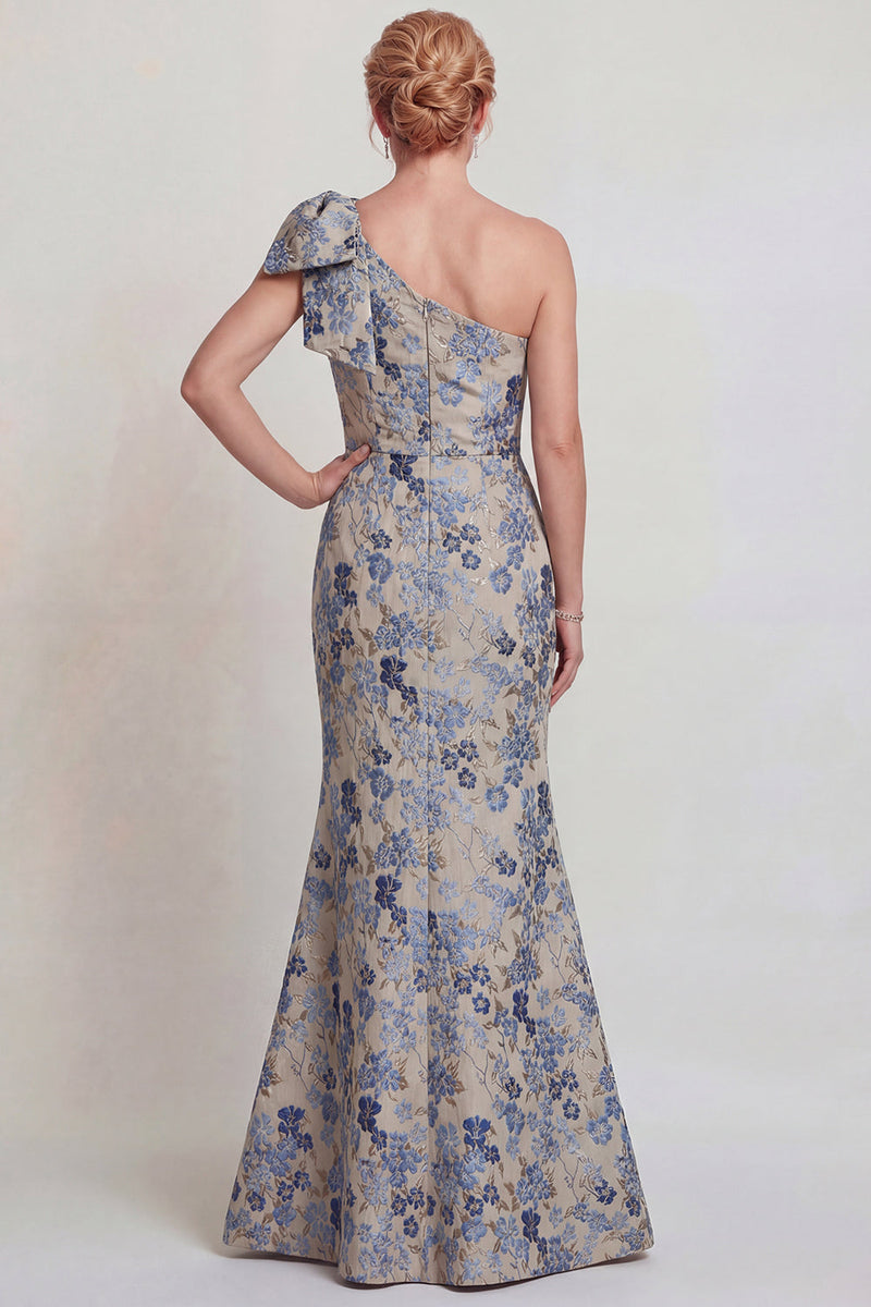 Laden Sie das Bild in den Galerie-Viewer, Graublaue Blume Einschulter Meerjungfrau Mutter der Braut Kleid mit Bowknoten