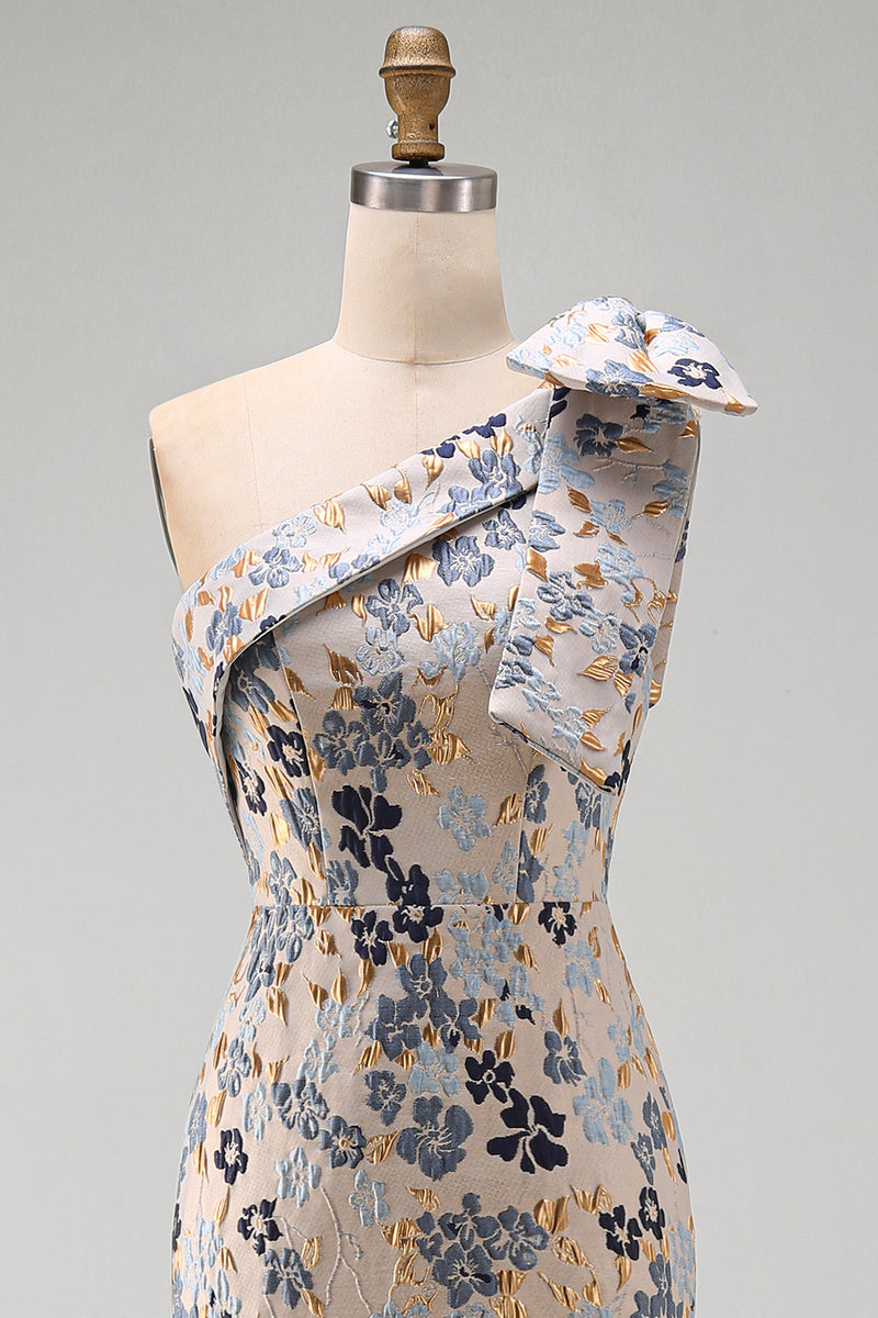 Laden Sie das Bild in den Galerie-Viewer, Graublaue Blume Einschulter Meerjungfrau Mutter der Braut Kleid mit Bowknoten