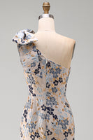Laden Sie das Bild in den Galerie-Viewer, Graublaue Blume Einschulter Meerjungfrau Mutter der Braut Kleid mit Bowknoten