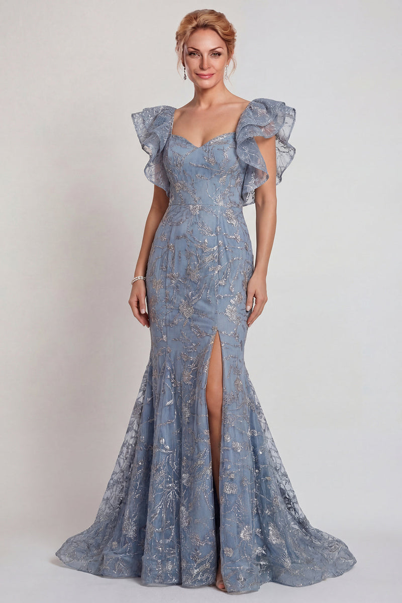 Laden Sie das Bild in den Galerie-Viewer, Graublaues Appliquiertes Rüschende Ärmel Meerjungfrauen Mutter der Braut Kleid mit Schlitz