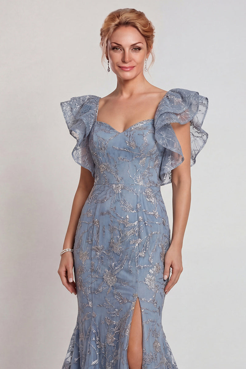Laden Sie das Bild in den Galerie-Viewer, Graublaues Appliquiertes Rüschende Ärmel Meerjungfrauen Mutter der Braut Kleid mit Schlitz