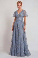 Laden Sie das Bild in den Galerie-Viewer, Glitzerndes Graublaues Blumen Applikiertes V-Ausschnitt A-Linie Langes Mutter der Braut Kleid mit Ärmel