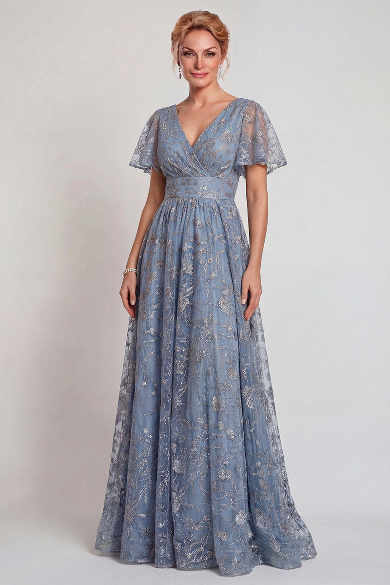 Laden Sie das Bild in den Galerie-Viewer, Glitzerndes Graublaues Blumen Applikiertes V-Ausschnitt A-Linie Langes Mutter der Braut Kleid mit Ärmel