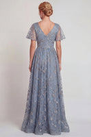 Laden Sie das Bild in den Galerie-Viewer, Glitzerndes Graublaues Blumen Applikiertes V-Ausschnitt A-Linie Langes Mutter der Braut Kleid mit Ärmel