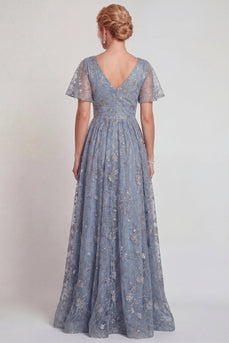 Glitzerndes Graublaues Blumen Applikiertes V-Ausschnitt A-Linie Langes Mutter der Braut Kleid mit Ärmel
