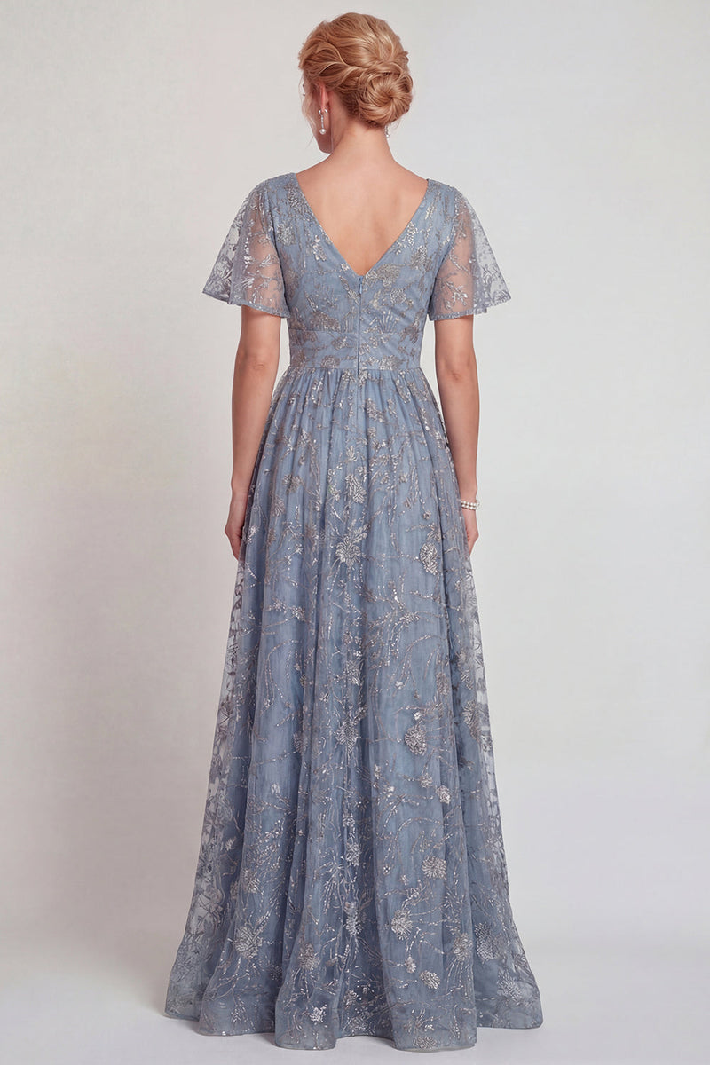 Laden Sie das Bild in den Galerie-Viewer, Glitzerndes Graublaues Blumen Applikiertes V-Ausschnitt A-Linie Langes Mutter der Braut Kleid mit Ärmel