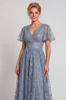Laden Sie das Bild in den Galerie-Viewer, Glitzerndes Graublaues Blumen Applikiertes V-Ausschnitt A-Linie Langes Mutter der Braut Kleid mit Ärmel