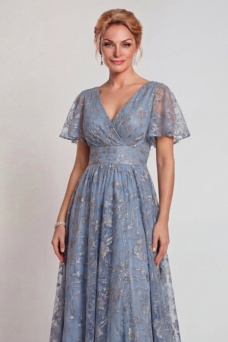 Laden Sie das Bild in den Galerie-Viewer, Glitzerndes Graublaues Blumen Applikiertes V-Ausschnitt A-Linie Langes Mutter der Braut Kleid mit Ärmel