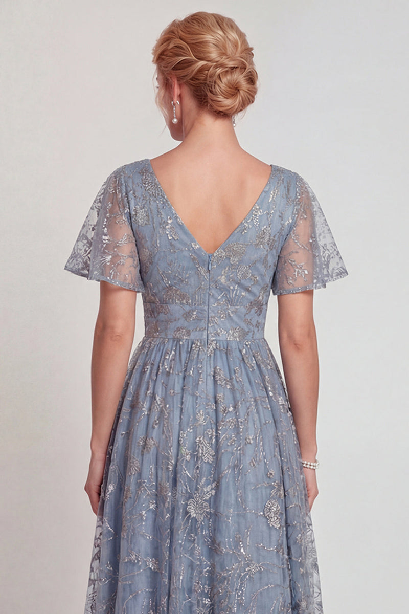 Laden Sie das Bild in den Galerie-Viewer, Glitzerndes Graublaues Blumen Applikiertes V-Ausschnitt A-Linie Langes Mutter der Braut Kleid mit Ärmel