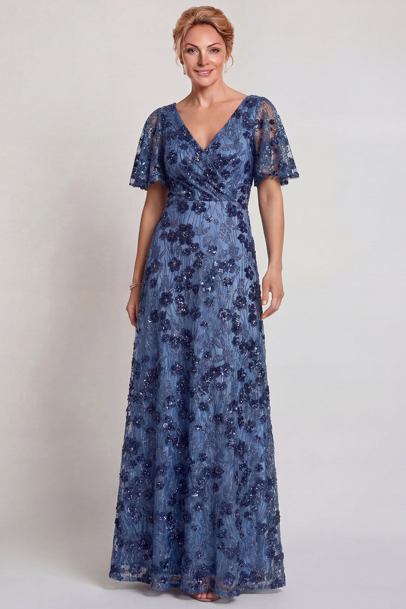 Laden Sie das Bild in den Galerie-Viewer, Glitzerndes Dunkelblaues Blumen V-Hals A-Linie Langes Mutter der Braut Kleid mit Ärmel
