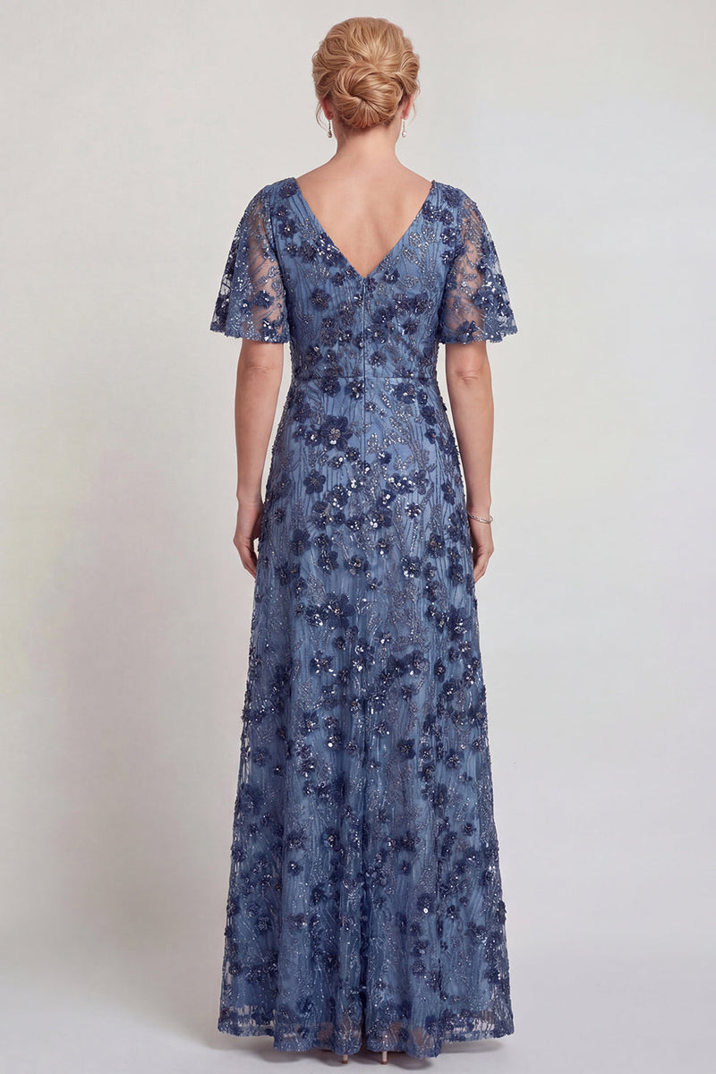 Laden Sie das Bild in den Galerie-Viewer, Glitzerndes Dunkelblaues Blumen V-Hals A-Linie Langes Mutter der Braut Kleid mit Ärmel