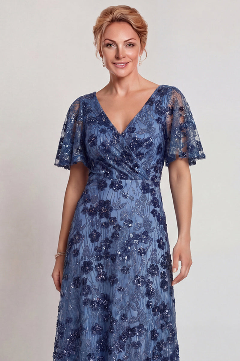 Laden Sie das Bild in den Galerie-Viewer, Glitzerndes Dunkelblaues Blumen V-Hals A-Linie Langes Mutter der Braut Kleid mit Ärmel