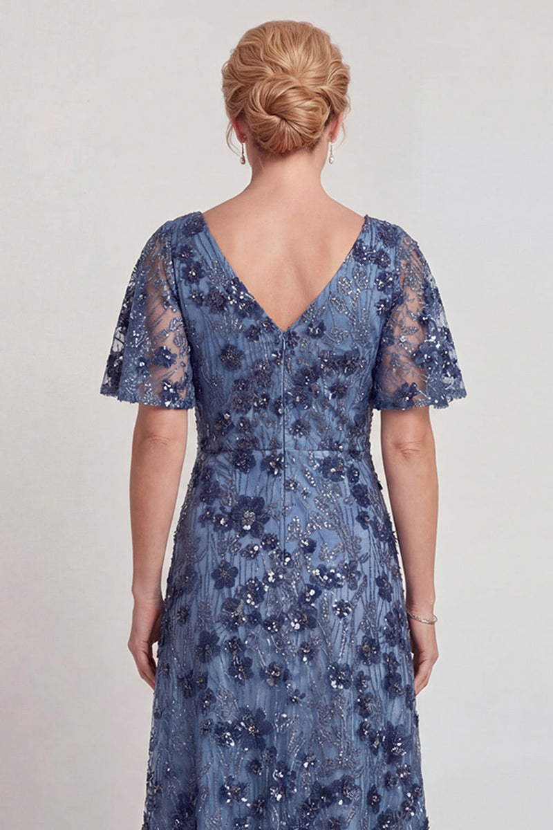Laden Sie das Bild in den Galerie-Viewer, Glitzerndes Dunkelblaues Blumen V-Hals A-Linie Langes Mutter der Braut Kleid mit Ärmel
