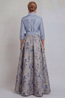 Laden Sie das Bild in den Galerie-Viewer, Marineblaues Jacquard 3/4 Ärmel A-Linie Langes Mutter der Braut Kleid mit Bowknoten