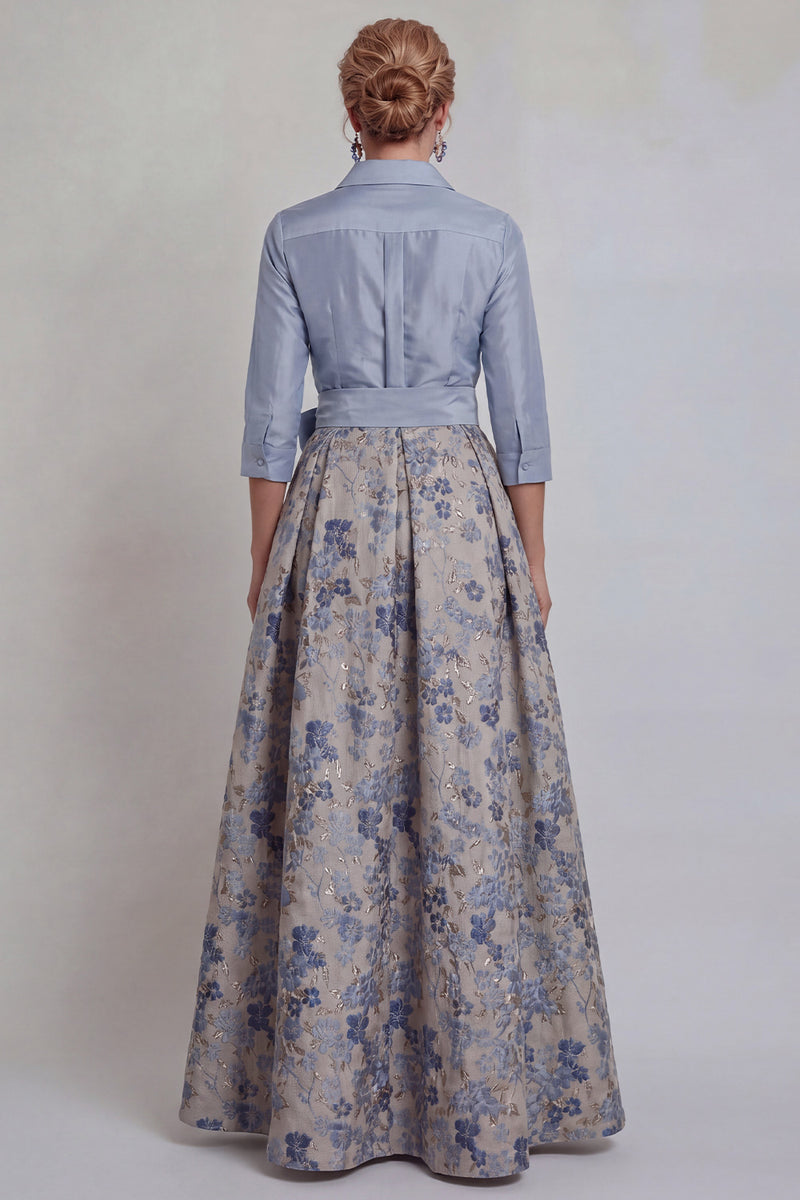 Laden Sie das Bild in den Galerie-Viewer, Marineblaues Jacquard 3/4 Ärmel A-Linie Langes Mutter der Braut Kleid mit Bowknoten
