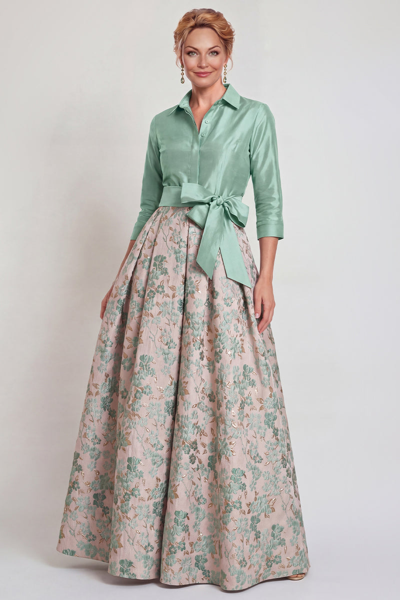 Laden Sie das Bild in den Galerie-Viewer, Marineblaues Jacquard 3/4 Ärmel A-Linie Langes Mutter der Braut Kleid mit Bowknoten