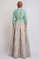 Laden Sie das Bild in den Galerie-Viewer, Marineblaues Jacquard 3/4 Ärmel A-Linie Langes Mutter der Braut Kleid mit Bowknoten
