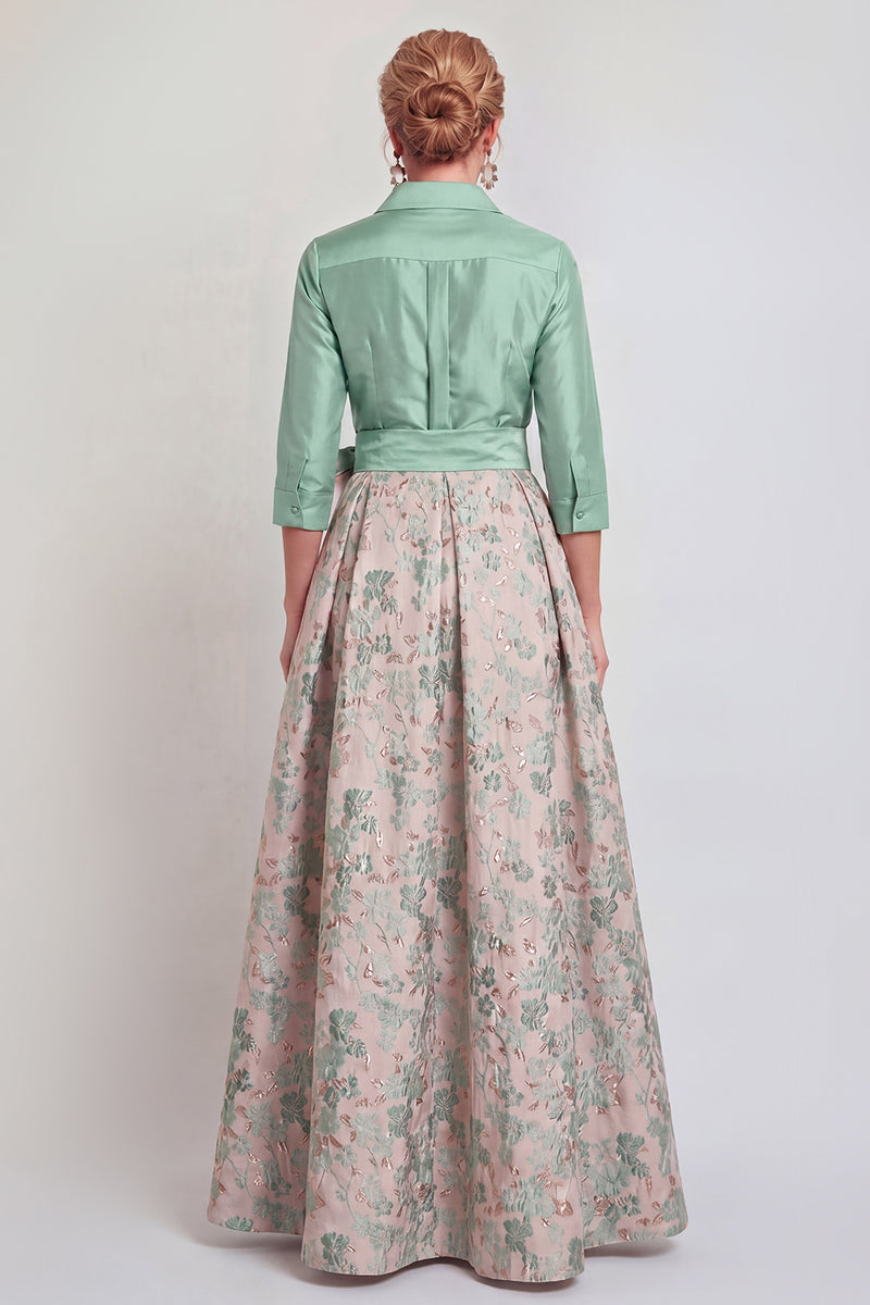 Laden Sie das Bild in den Galerie-Viewer, Marineblaues Jacquard 3/4 Ärmel A-Linie Langes Mutter der Braut Kleid mit Bowknoten