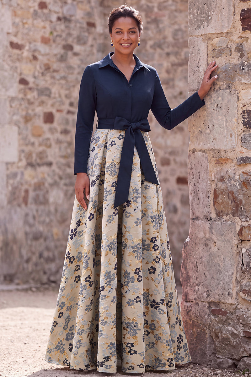 Laden Sie das Bild in den Galerie-Viewer, Marineblaues Jacquard 3/4 Ärmel A-Linie Langes Mutter der Braut Kleid mit Bowknoten
