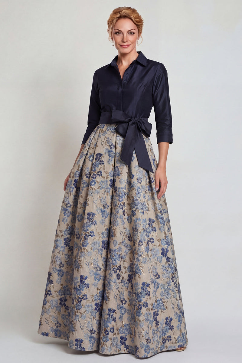 Laden Sie das Bild in den Galerie-Viewer, Marineblaues Jacquard 3/4 Ärmel A-Linie Langes Mutter der Braut Kleid mit Bowknoten