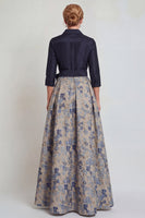Laden Sie das Bild in den Galerie-Viewer, Marineblaues Jacquard 3/4 Ärmel A-Linie Langes Mutter der Braut Kleid mit Bowknoten