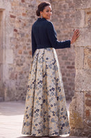 Laden Sie das Bild in den Galerie-Viewer, Marineblaues Jacquard 3/4 Ärmel A-Linie Langes Mutter der Braut Kleid mit Bowknoten